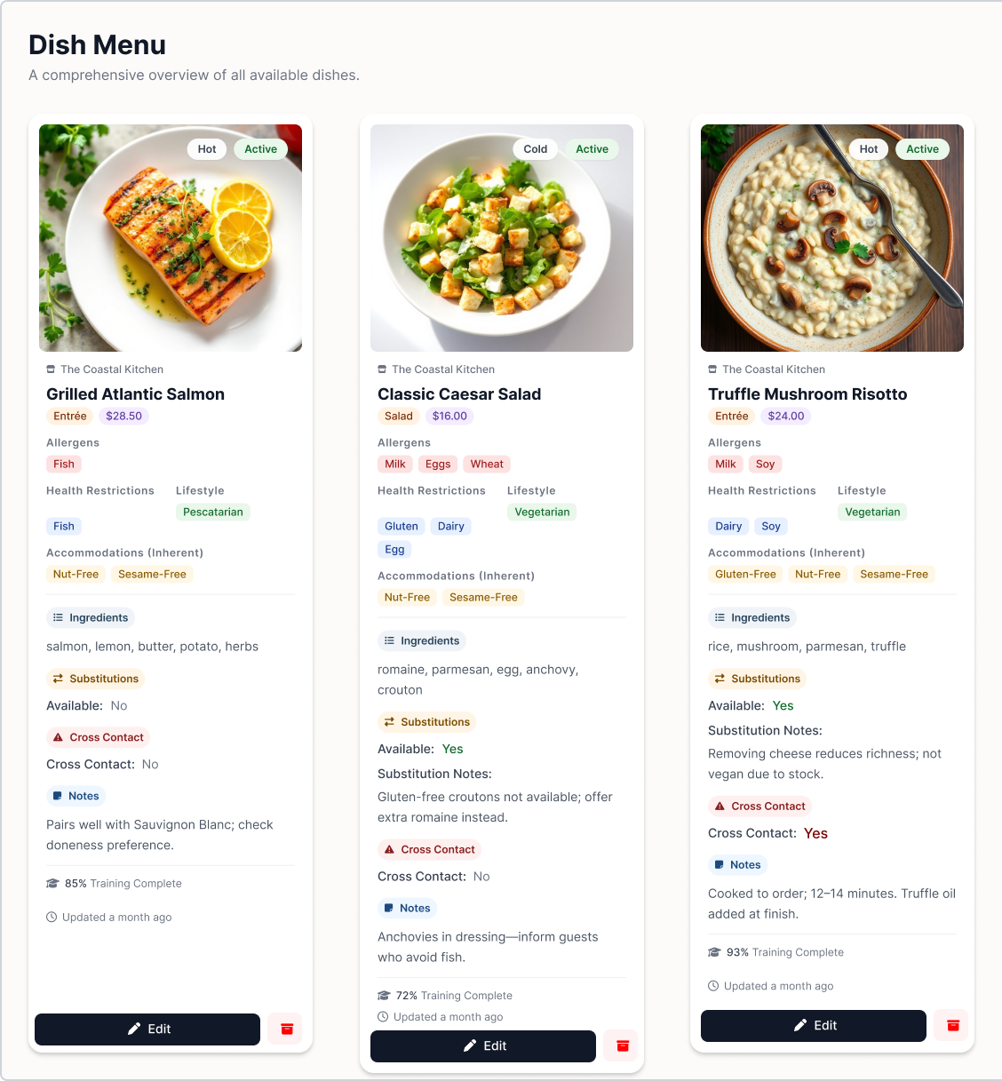 Dish detail screen with allergen tags, dietary flags, and safe modification guidance